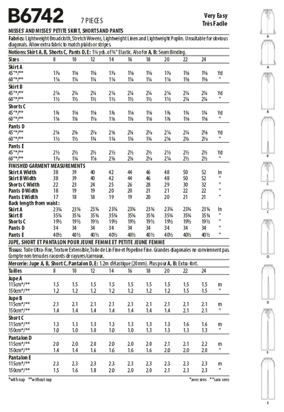 Straight skirt or straight leg, loose-fitting shorts and pants have elastic waist, attached ties, side pockets and stitched hem. A: Below-knee, side slits. B: Above ankle, back slit. C: Above mid-knee. D: Above ankle. Purchased top.  Very Easy.    This pattern is size 8-10-12-14-16