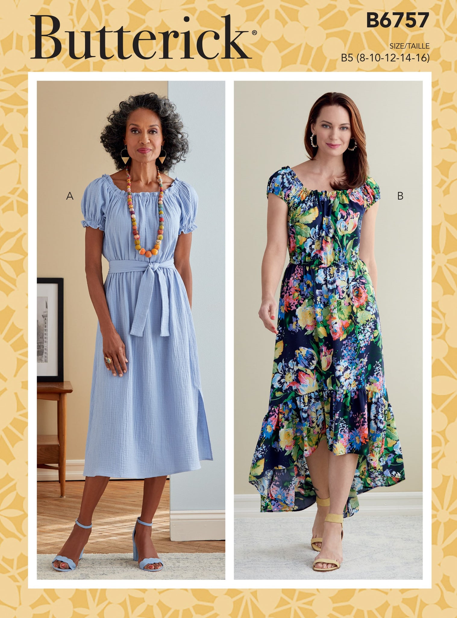 Peasant style dress with sleeve & skirt variations.  Easy   Pattern size 8-10-12-14-16