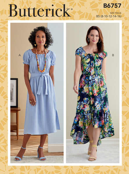 Peasant style dress with sleeve & skirt variations.  Easy   Pattern size 8-10-12-14-16