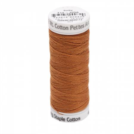 Solid Premier Quality, long staple, highly mercerized Egyptian cotton. Has a matte finish to create a soft, warm, natural look and feel. Sulky 12wt cotton is used for a more emphatic look. One strand of 12wt cotton petites equals two strands of the typical embroidery floss.  Machine or hand stitch.