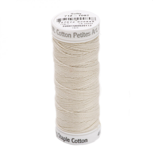 Solid Premier Quality, long staple, highly mercerized Egyptian cotton. Has a matte finish to create a soft, warm, natural look and feel. Sulky 12wt cotton is used for a more emphatic look. One strand of 12wt cotton petites equals two strands of the typical embroidery floss.  Machine or hand stitch.