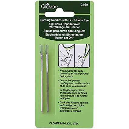 This pack comes with two darning needles with latch hook eye. Hook allows for easy threading of multi ply and bulky yarns. 