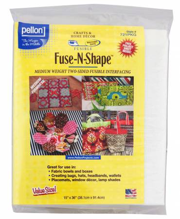 Pellon 721 Fuse-N-Shape has a medium firmness and is resistant to distortion. It is fusible on both sides of the material making it ideal for fabric bowls, picture frames, hats, placemats, and window treatment accents. Non-Woven 100% Polyester. 15in x 36in