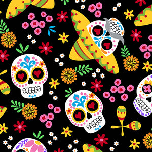Prepare for this holiday with Andover Fabric's colorful collection.  Large maracas, flowers and skulls on a black background.  100% cotton, 44"