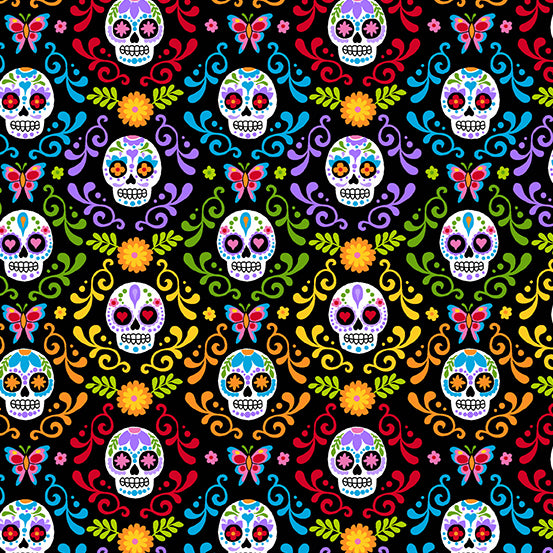 Prepare for this holiday with Andover Fabric's colorful collection.  Butterflies, swirls and skulls on a black background.  100% cotton, 44"