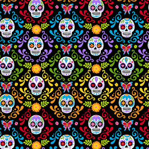 Prepare for this holiday with Andover Fabric's colorful collection.  Butterflies, swirls and skulls on a black background.  100% cotton, 44"