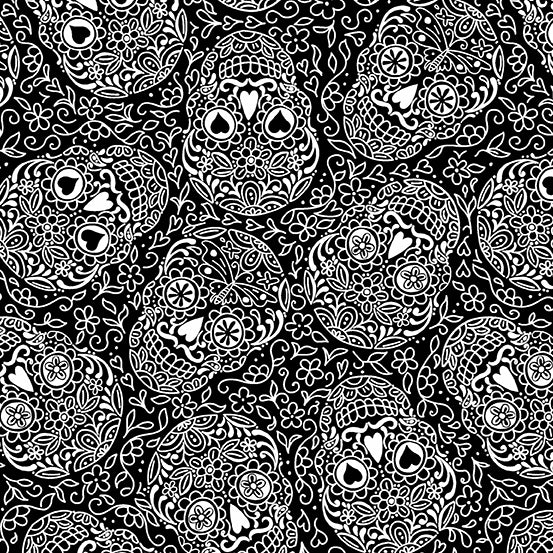 Prepare for this holiday with Andover Fabric's colorful collection.  White line drawn skulls on a black background.  100% cotton, 44"