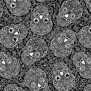 Prepare for this holiday with Andover Fabric's colorful collection.  White line drawn skulls on a black background.  100% cotton, 44"