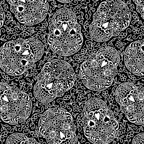 Prepare for this holiday with Andover Fabric's colorful collection.  White line drawn skulls on a black background.  100% cotton, 44"