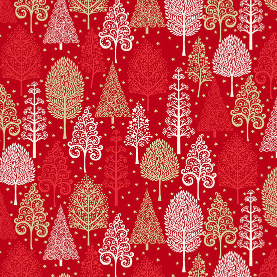 Swirls of trees in this packed forest.  Red, metallic gold and white. 100% cotton, 44"