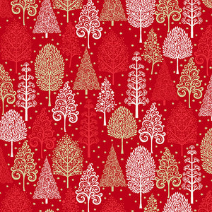 Swirls of trees in this packed forest.  Red, metallic gold and white. 100% cotton, 44"