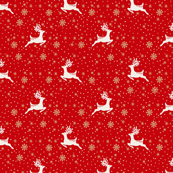 White Reindeer leaping though metallic gold snowflakes.  Red, metallic gold and white. 100% cotton, 44"