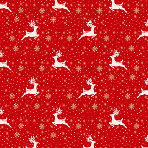 White Reindeer leaping though metallic gold snowflakes.  Red, metallic gold and white. 100% cotton, 44"