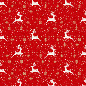 White Reindeer leaping though metallic gold snowflakes.  Red, metallic gold and white. 100% cotton, 44"