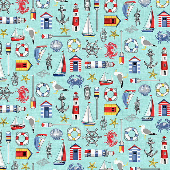 This fun fabric is covered in different nautical icons. From lighthouses to crabs to anchors and boats. Perfect for summer projects! Super soft 100% cotton - 44"/45"