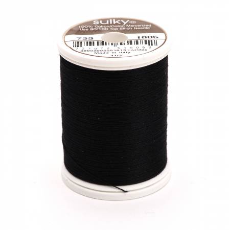 500yds, 30wt, Solid Premier Quality, long staple, highly mercerized Egyptian cotton. Has a matte finish to create a soft, warm, natural look and feel. Sulky 30wt cotton is used for a more delicate look to your work.  Great for topstitching & quilting