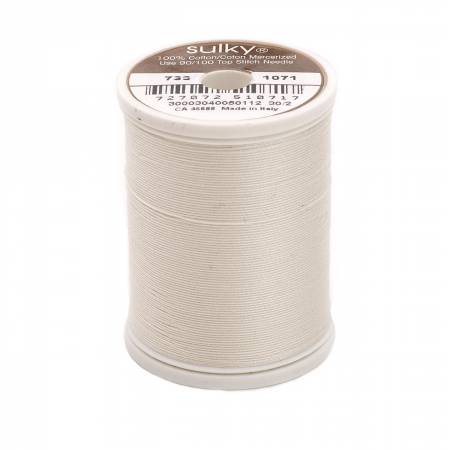 500yds, 30wt, Solid Premier Quality, long staple, highly mercerized Egyptian cotton. Has a matte finish to create a soft, warm, natural look and feel. Sulky 30wt cotton is used for a more delicate look to your work.  Great for topstitching & quilting