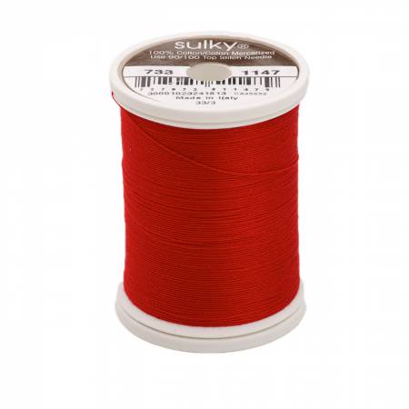 500yds, 30wt, Solid Premier Quality, long staple, highly mercerized Egyptian cotton. Has a matte finish to create a soft, warm, natural look and feel. Sulky 30wt cotton is used for a more delicate look to your work.  Great for topstitching & quilting