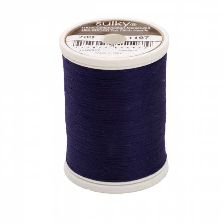 500yds, 30wt, Solid Premier Quality, long staple, highly mercerized Egyptian cotton. Has a matte finish to create a soft, warm, natural look and feel. Sulky 30wt cotton is used for a more delicate look to your work.  Great for topstitching & quilting