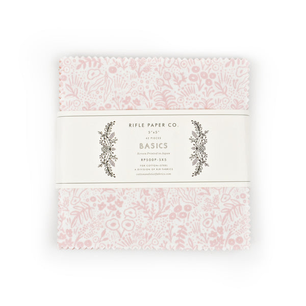 Rifle Paper Co 5" x 5" charm pack - 42 pieces  basics screen printed in japan fabric. Beautiful colorful hues. Great solid basics with a neutral print!   100% cotton 