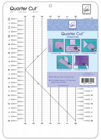 Use as traditional quilting rulers or cut in slots. Use cutting slots to safely cut multiple strips quickly and accurately. Turn the ruler after strips are cut to complete squares, triangles, diamonds and hexagons. Cutting slots great for cutting perfect fringe. Right or left handed use.