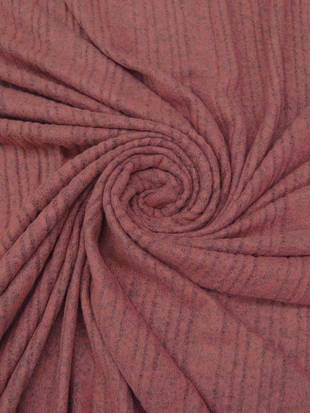 Super soft brushed rib sweater knit. Heathered color - dark pink and gray. Rayon blend - 75% rayon, 21% polyester. 4% spandex. Striped pattern - stripe varies from narrow and wide. light/medium drape, falls moderately close to the body. 