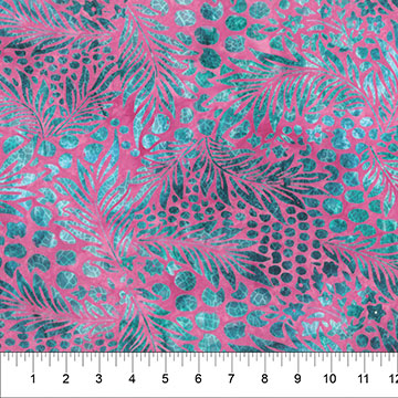 This collection is from banyan batiks for Northcott Fabrics. This fabric has hot pink background with teal blue blobs all around. The teal blue looks like pool water and gives this fabric some depth and dimension. 