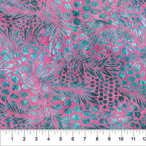 This collection is from banyan batiks for Northcott Fabrics. This fabric has hot pink background with teal blue blobs all around. The teal blue looks like pool water and gives this fabric some depth and dimension. 