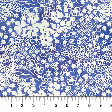 This cotton batik is from Banyan Batiks for Northcott Fabrics - This batik is a beautiful floral pattern with a royal blue background and white details. The flowers resemble chinoiserie style patterns with the cherry blossoms and squares. 