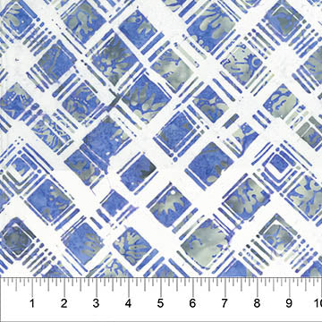This cotton batik is from Banyan Batiks for Northcott Fabrics - This batik is a bright white with cross hatch style pattern with blue squares and grey mandala style designs throughout. 