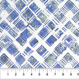This cotton batik is from Banyan Batiks for Northcott Fabrics - This batik is a bright white with cross hatch style pattern with blue squares and grey mandala style designs throughout. 