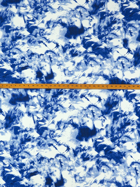 This vibrant fabric has a fun print and texture. Liverpool Double Knit. Textured Hand with a crepe texture. Polyester/Lycra blend. White, blue, dark cerulean and steel blue. Abstract Daub Print 26" Vertical Repeat. 4 way stretch - 40% selvage to selvage - 20% along selvage. Medium weight, falls moderately close to the body. 
