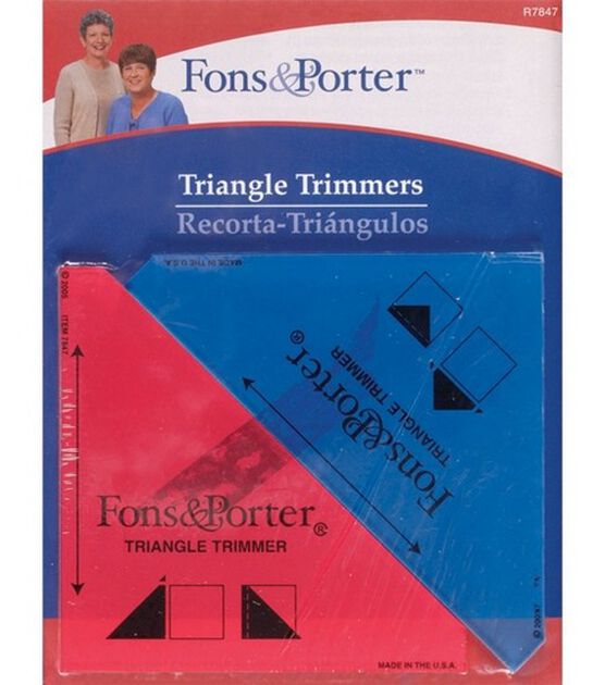 The Fons & Porter Triangle Trimmers Pack of 2 is the perfect tool set to make your patchwork more accurate. This package consists of two triangle trimmers of sizes 0.5'' and 0.25'' with easy to follow directions printed on them. They come handy as a guide for trimming tips off triangles for your patchwork projects. Use them with any size fabric triangle. Their non-slip back prevents them from slipping away.