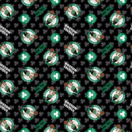 Boston Celtics logo and shamrock on black background with grey shamrock.  NBA License for Camelot Fabrics. 100% Cotton, 44/5".