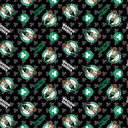 Boston Celtics logo and shamrock on black background with grey shamrock.  NBA License for Camelot Fabrics. 100% Cotton, 44/5".