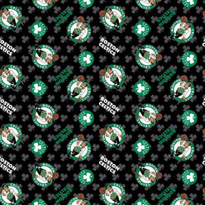Boston Celtics logo and shamrock on black background with grey shamrock.  NBA License for Camelot Fabrics. 100% Cotton, 44/5".