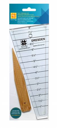 Quilters of all levels can make a beautiful Dresden quilt with this ruler. Includes ruler and creaser. Also includes a free project online.  Color: Clear Made of: Plastic Use: Quilting Template Size: 8in long Included: One Template and wooden tool