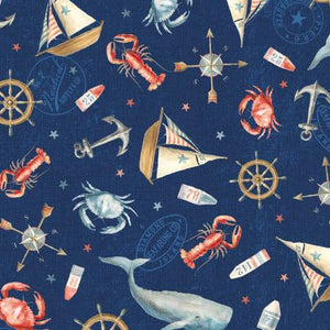 Adorable nautical print with ship wheels, whales, buoys, lobsters and ships! Perfect for by any kind of nautical project. Navy background From Wilmington Prints By Nai, Danhui At the Helm by Danhui Nai Collection
