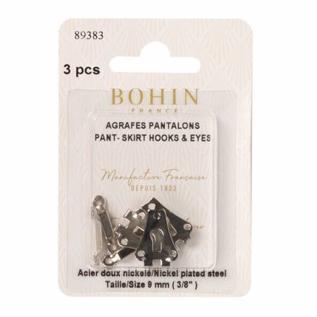 These nickel plated steel Bohin hooks, eyes and loops are used to close together two pieces of fabric in a garment. Each package comes with 4 standard hooks, eyes and loops.  Made of: Metal Use: Hook and Eyes Size: 3/8in Included: 4Hooks