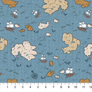 This fabric is from FIGO for Northcott fabrics - 100% cotton 44"/45"   This fabric is covered in a map with little bodies of water, whales, ships and waves. This fabric is designed by Bernadett Urbanovies. 