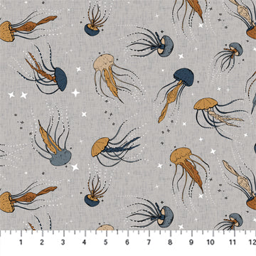 This fabric is covered in neutral tone jellyfish. This is a beautiful fabric that has a grey background with navy, umbers and tans. This fabric is designed by Bernadett Urbanovies. 