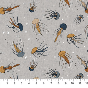 This fabric is covered in neutral tone jellyfish. This is a beautiful fabric that has a grey background with navy, umbers and tans. This fabric is designed by Bernadett Urbanovies. 