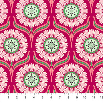 This fabric is a beautiful raspberry pink color covered in bright retro style flowers. The flowers have a purple center with green around it and light pink petals with green leaves. This fabric is designed by Heather Bailey. This fabric has 2 other coordinating fabrics from the same collection.