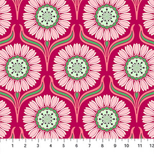 This fabric is a beautiful raspberry pink color covered in bright retro style flowers. The flowers have a purple center with green around it and light pink petals with green leaves. This fabric is designed by Heather Bailey. This fabric has 2 other coordinating fabrics from the same collection.