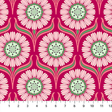 This fabric is a beautiful raspberry pink color covered in bright retro style flowers. The flowers have a purple center with green around it and light pink petals with green leaves. This fabric is designed by Heather Bailey. This fabric has 2 other coordinating fabrics from the same collection.