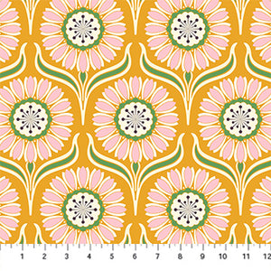 This fabric is a beautiful gold color covered in bright retro style flowers. The flowers have a purple center with green around it and light pink petals with green leaves. This fabric is designed by Heather Bailey. This fabric has 2 other coordinating fabrics from the same collection.