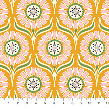 This fabric is a beautiful gold color covered in bright retro style flowers. The flowers have a purple center with green around it and light pink petals with green leaves. This fabric is designed by Heather Bailey. This fabric has 2 other coordinating fabrics from the same collection.