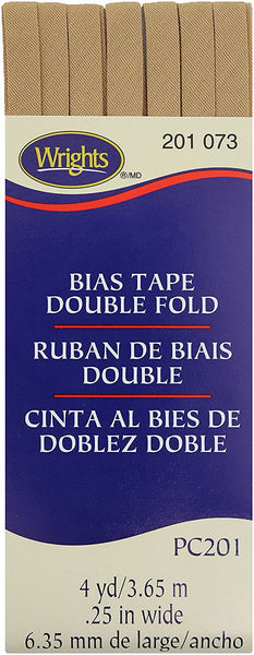 Wrights Double Fold Bias Tape is colorfast and needs no ironing. It's great for binding straight or curved edges, or as a color accent on apparel. Machine washable. 55% polyester and 45% cotton. 1/4 inch wide. 4 yards.
