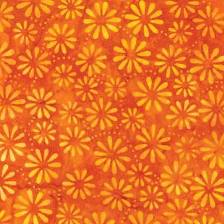 Pretty orange batik with yellow flowers and dots! Super bright and fun for summer.  100% cotton 44" 