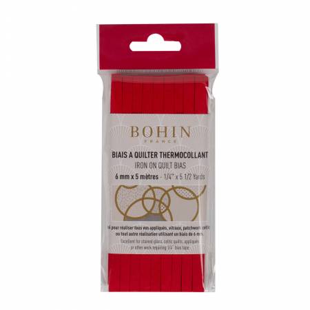 Iron-on quilt bias. 100% Cotton. Ideal for stained glass, celtic quilts, qppliques and other work requiring 1/4in bias tape.  Color: Red Made of: Cotton Use: Bias Tape Size: 1/4in x 5-1/2yds Included: One Roll